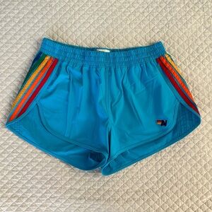 Aviator Nation Blue Athletic Shorts with Rainbow Stripes